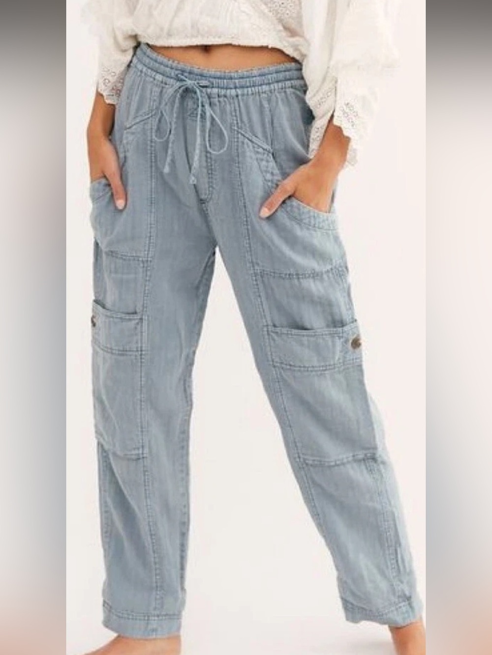 Free People Pants Womens M Blue Linen Cargo Drawstring Waist Relaxed Cargo